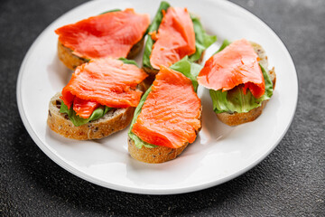 Salmon sandwich red fish seafood appetizer dish fresh tasty gourmet food background on table rustic food top view copy space 