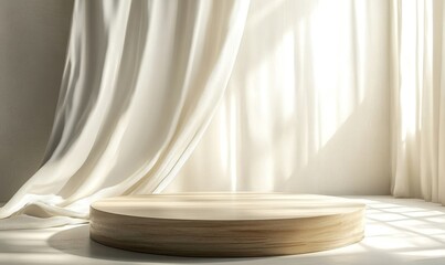 Empty modern round wooden podium side table in soft white blowing drapery curtain drapes in sunlight for luxury cosmetic, skincare, beauty treatment, fashion product display background, Generative AI