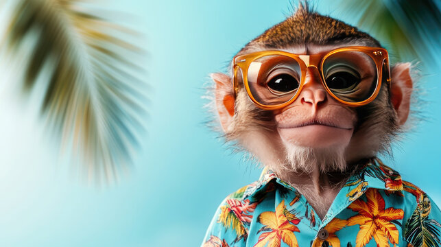 Cute capuchin monkey wearing a Hawaiian shirt and sunglasses relaxing on a tropical beach with palm trees and clear blue skies, enjoying a summer vacation. Funny meme with copy space and banner