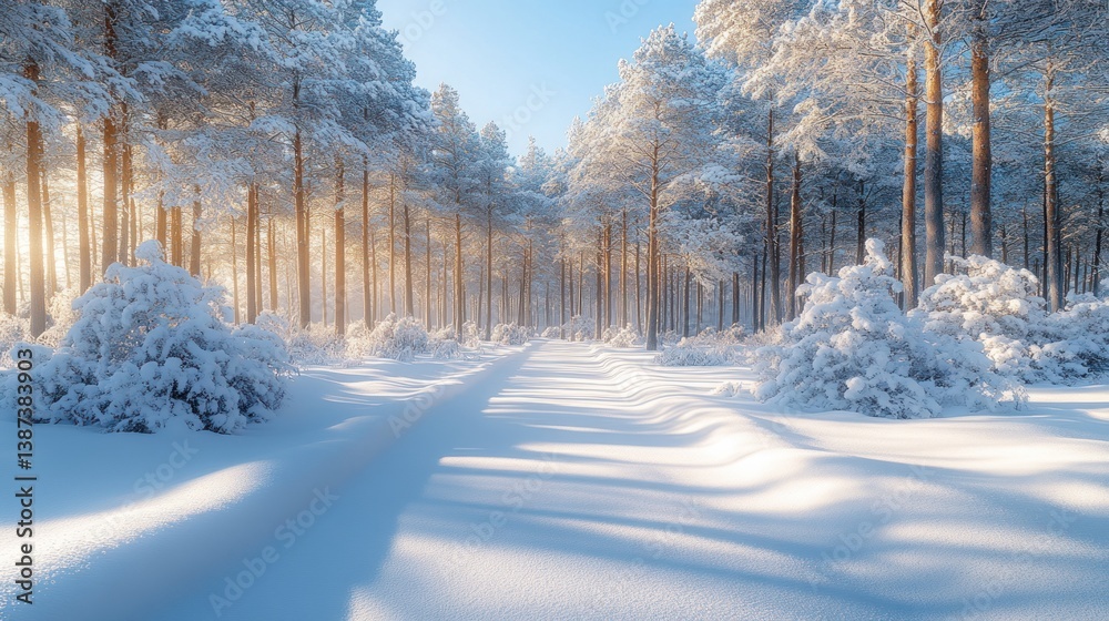 Aufkleber sunlit snowy path through a winter forest with tall pine trees covered in snow.