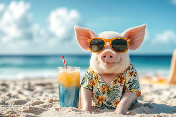 A playful pig in a Hawaiian shirt and sunglasses, enjoying a tropical cocktail on the beach during and summer vacation, with a tropical beach background and vacation banner with copy space .Funny meme