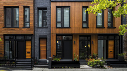Fototapeta premium Modern row houses with vertical wooden accents create sleek urban look