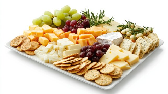 A platter of assorted cheese and crackers. Featuring richness and elegance