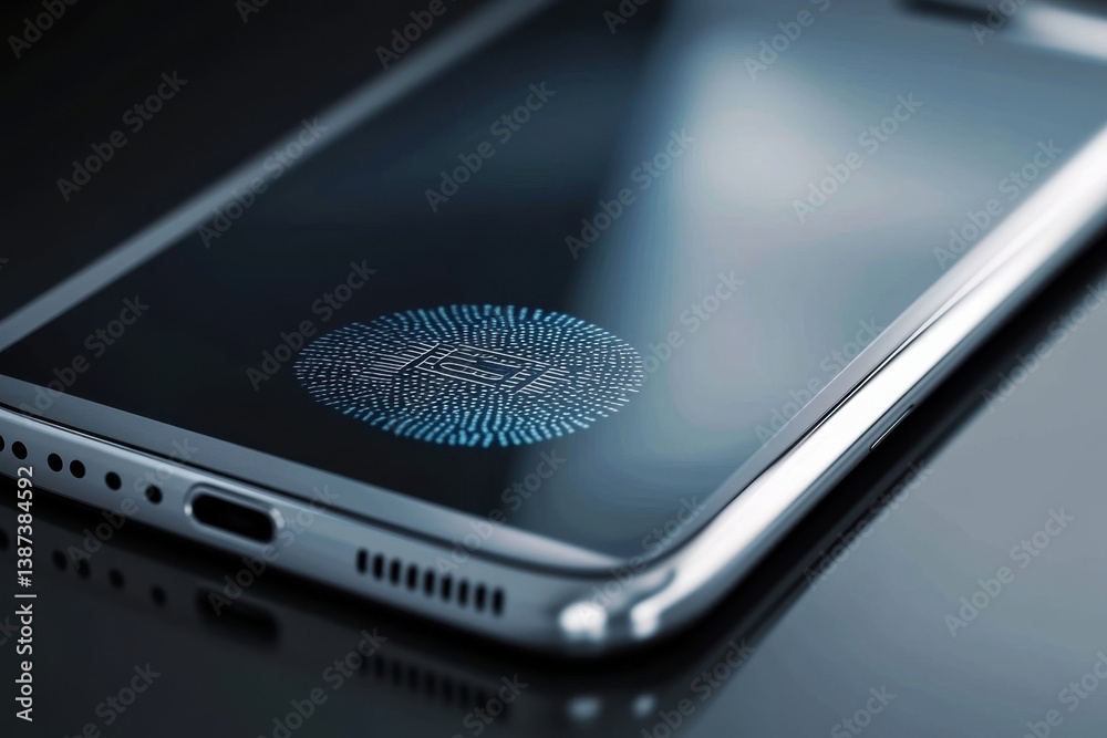 Poster modern smartphone displaying fingerprint authentication feature on sleek screen