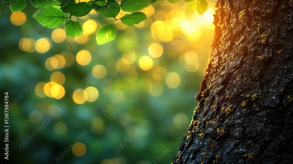 Poster Sunlit tree trunk and leaves in a forest with bokeh background.