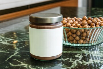 Blank white label Hazelnut Spread jar mockup – A sleek jar with a metal lid, hazelnut spread visible inside, resting on a marble countertop with mountain of hazelnut next to it
