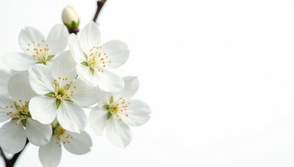 Delicate white blossoms against pure white background, purity, serenity, light