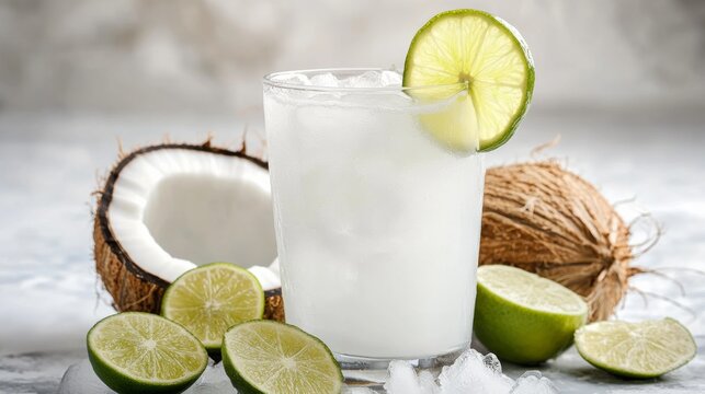 A refreshing coconut water with lime slices. Featuring refreshment and hydration
