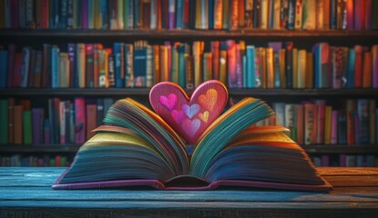 Love story book with open page of literature in heart shape and stack piles of textbooks on reading desk in library, school study room for national library lovers month and education learning