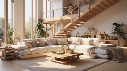 Plan sur un salon moderne, avec mezzanine et décorations. Élégant, luxe. Lumières douces et plantes. Pour conception et création graphique.