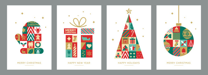 Geometric Christmas mosaic greeting cards. Merry Christmas and New Year modern abstract mosaic icons. Christmas tree, Christmas ornament and gift box. Vector illustration set.