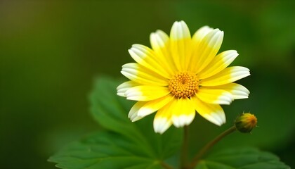 Fototapeta premium Close-up shot of a yellow daisy with white-tipped petals, surrounded by green leaves with finely divided segments, and a small bud, all resting on a thin, brown branch