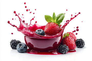 Berry Splash of Freshness: A vibrant burst of red fruit juice, with a strawberry and other berries arranged in a small bowl, showcasing the natural goodness and refreshing taste of fresh berries. 