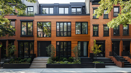 Fototapeta premium Modern row houses with wooden facade and large windows