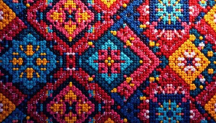 Intricate geometric textile design, vibrant colors, colorful, seamless, ethnic