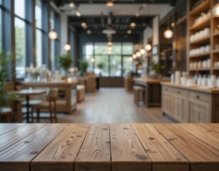 empty wooden table positioned in front of a blurred reastaurant or cafe  aisle, minimalist design with natural textures and serene ambiance, highlighting simplicity and focus in a retail environment
