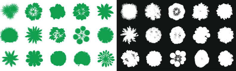 Tree top view silhouette set, perfect for architectural plans and landscape design. Includes isolated green and white tree top icons in vector format. Ideal for urban planning and garden layouts