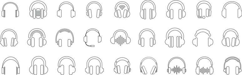 Minimalist headphone icon set for tech and audio designs. Perfect for apps, websites, and music projects. Simple headphone line art style