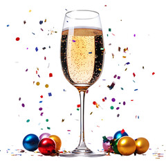 Glass of Champagne with Confetti Isolated on Transparent Background
