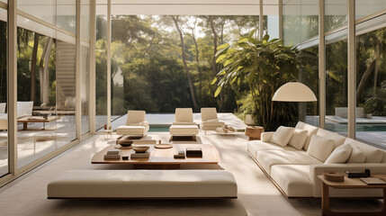 Fototapeta premium Maison d'architecture moderne, salon avec canapé, villa de luxe avec vue sur la nature. Maison d'architecte, grande baie vitrée. Arrière-plan pour conception et création graphique.