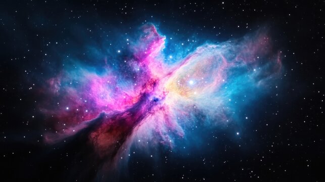 A vibrant nebula dominates the image, showcasing swirling clouds of pink, blue, and purple gas. Stars are scattered across the dark background, providing contrast. The image is high-resolution, exhib