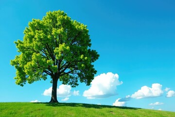 Obraz premium Tree against a bright blue sky with fluffy white clouds, landscape, nature photography, foliage