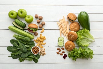 A vibrant contrast of healthy greens and indulgent burgers showcasing a mindful approach to balanced nutrition, presented against a clean white wood background.