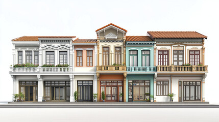Fototapeta premium Colorful shophouses with ornate facades and balconies, blending tradition and modernity