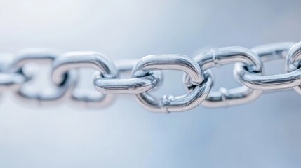 Fototapeta premium A close-up shows a metallic chain, its links interlocked. The image is sharply focused on the central links, with a shallow depth of field blurring the background. The lighting is soft and diffused,
