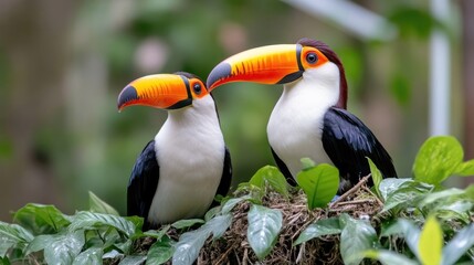 Fototapeta premium Two toucans perched in a nest