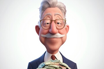 Businessman holding a pile of cash with a satisfied expression in a digital cartoon style