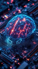 A human brain embedded in a circuit board, glowing with energy