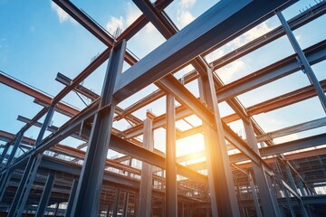 Fototapeta premium Modern Steel Structure Under Construction with Bright Sunlight Emitting Through Framework and Blue Sky Above in Urban Environment