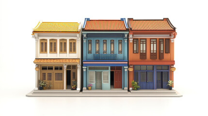 Fototapeta premium Colorful shophouses with vibrant facades on white background