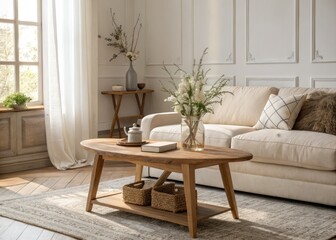 Fototapeta premium A panoramic view complements a soft beige sofa and rustic wooden coffee table in a minimalist Scandinavian space.
