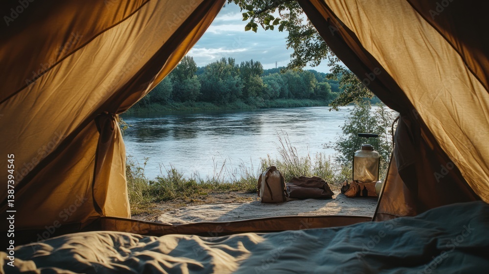 Poster sunrise view from inside a tent overlooking a calm river and lush green trees.