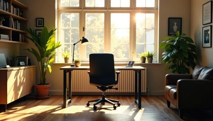 Fototapeta premium Empty chair at desk facing window, sunlight streaming in, solitude, theme, graphic