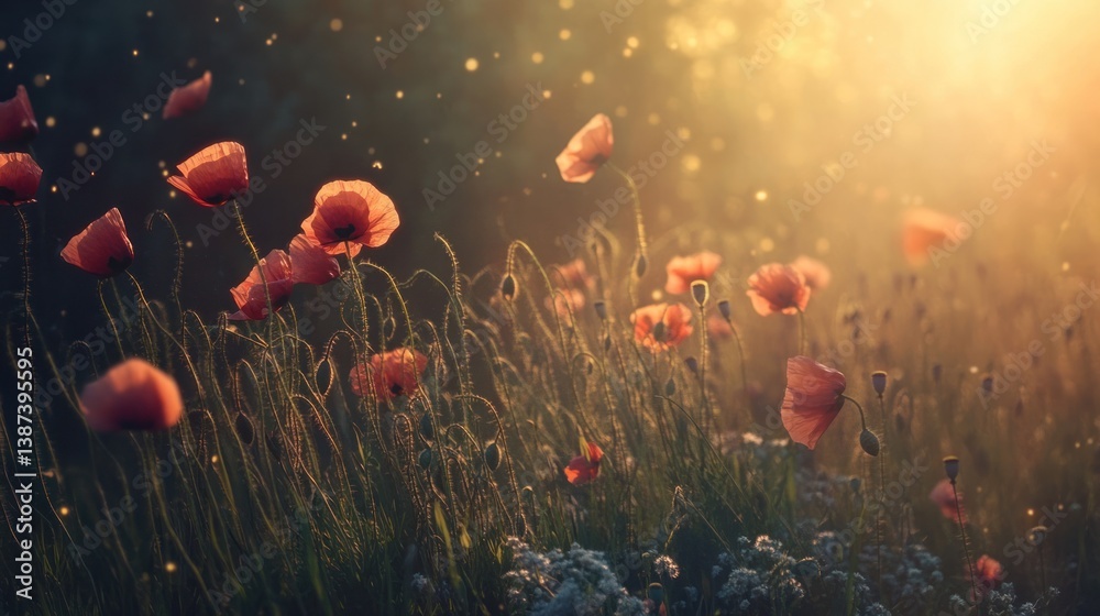 Poster sunset illuminates a field of vibrant red poppies swaying gently in the breeze.
