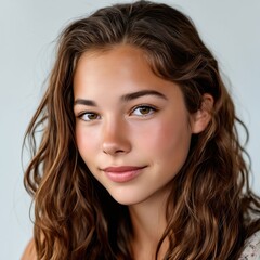 Naklejka premium A woman with long brown hair and a white shirt