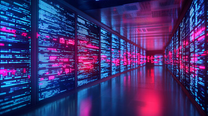Futuristic data center with illuminated servers, showcasing vibrant blue and pink lights, creating high tech atmosphere