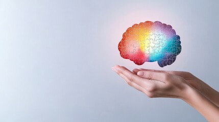 Two hands tenderly supporting a brain-shaped puzzle, portraying the importance of mental health assessment, understanding, and problem-solving. Isolated on a solid pastel background 