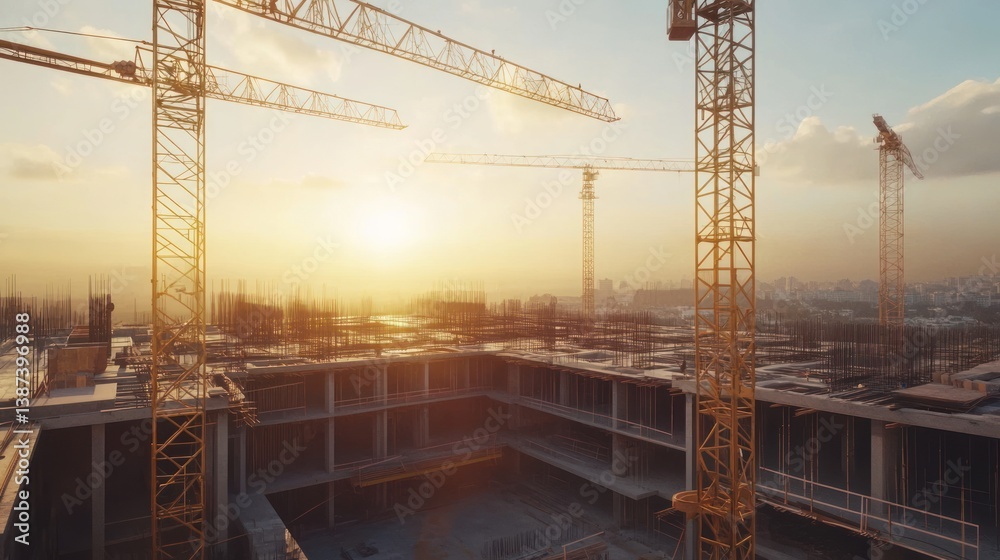 Poster sunset over construction site with multiple cranes and building under construction.