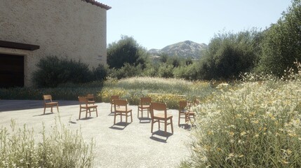 Outdoor seating area with chairs, surrounded by wildflowers and greenery