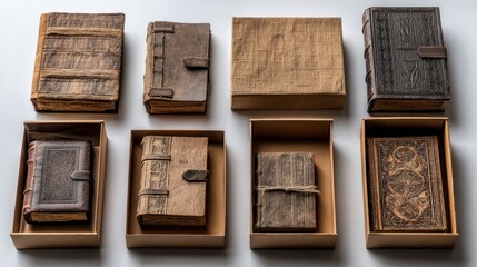 Fototapeta premium Collection of antique leather bound journals in boxes on white background. 