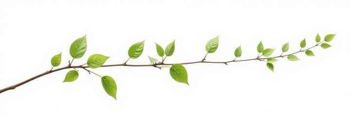 Long thin branch with small leaves and twigs isolated on white background, delicate, foliage, plant