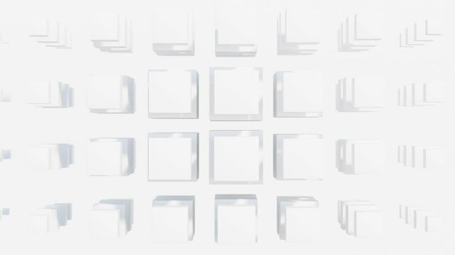 Abstract 3D transparent cubes pulsing rhythmically on clean white background. Minimal composition with volumetric form variation for tech visuals, branding, and creative motion design. Seamless loop
