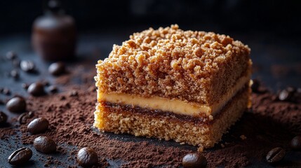 A rich coffee cake with a crumbly topping. Featuring indulgence and sweetness