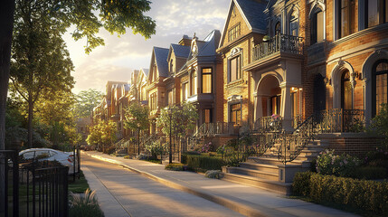 Fototapeta premium Victorian style townhouses with intricate bay windows at sunset