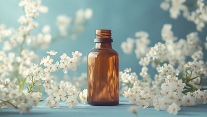 Brown Glass Essential Oil Bottle on Table, Surrounded by White Flowers and Soft Blue Background