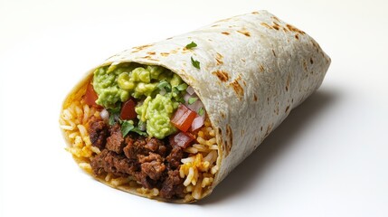 A savory beef burrito with rice, beans, and guacamole. Featuring flavor and indulgence